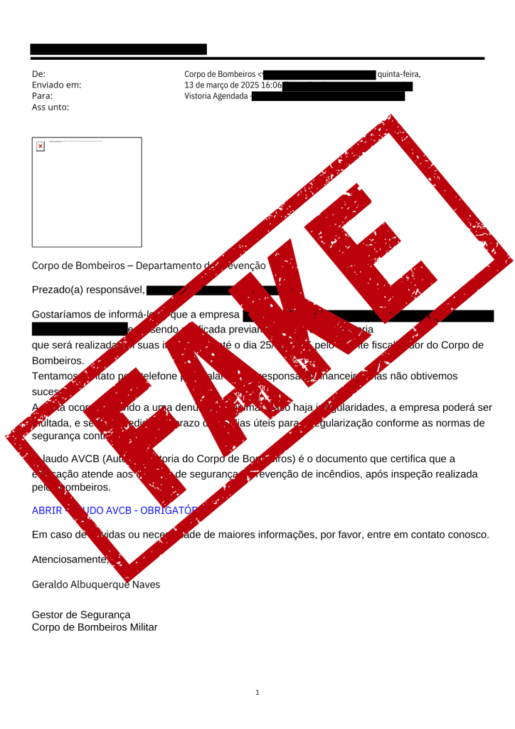Corpo de Bombeiros alerta que não envia e-mail exigindo adequações para emissão do Auto de Vistoria e nem links com cobrança de taxas